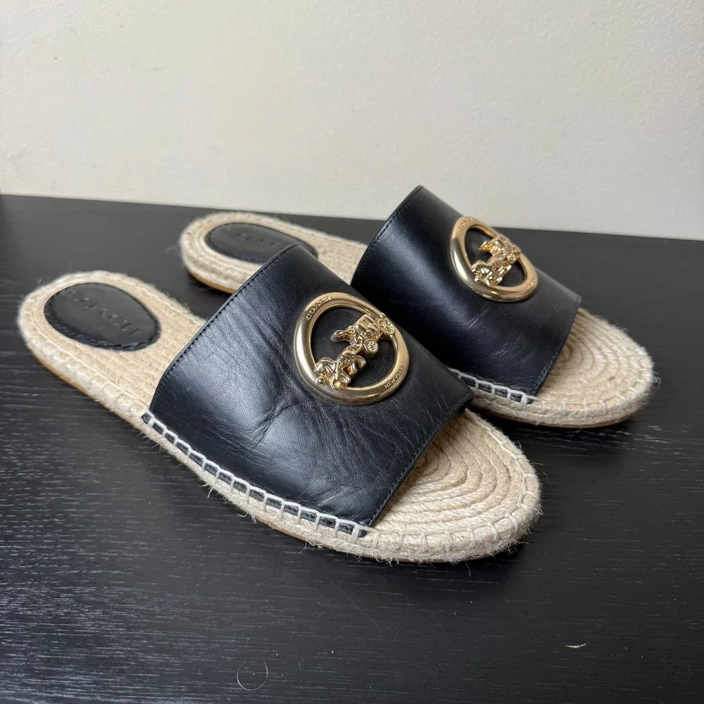 Coach Camille Espadrille Jute Slide Sandals Black Leather Gold Horse Carriage 9B